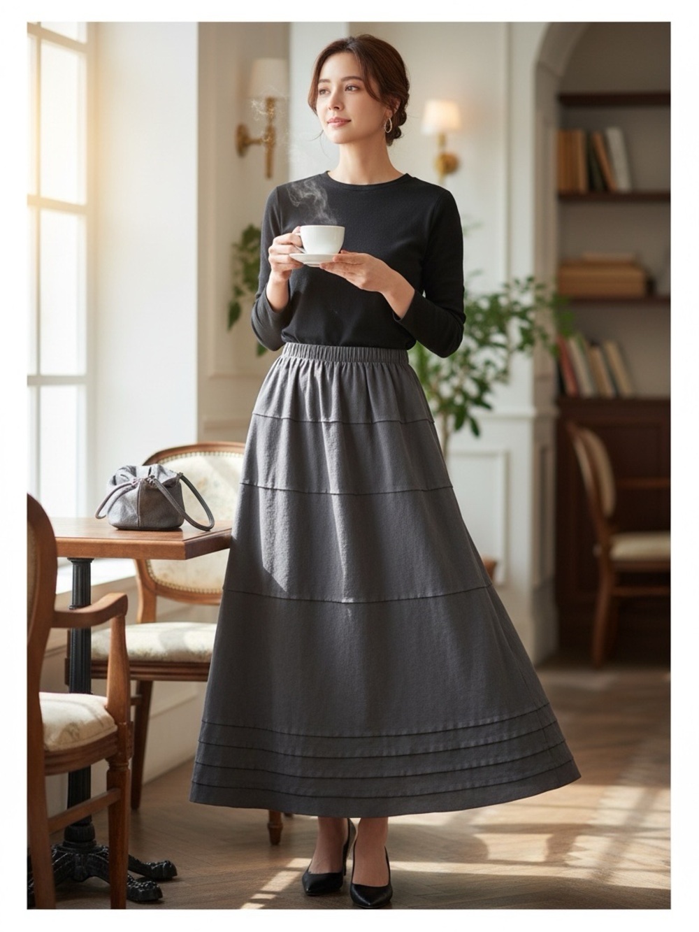 Micro Suede Plisse Maxi Skirt Tiered Seamed Drop Pull-On Women’s Size Small
